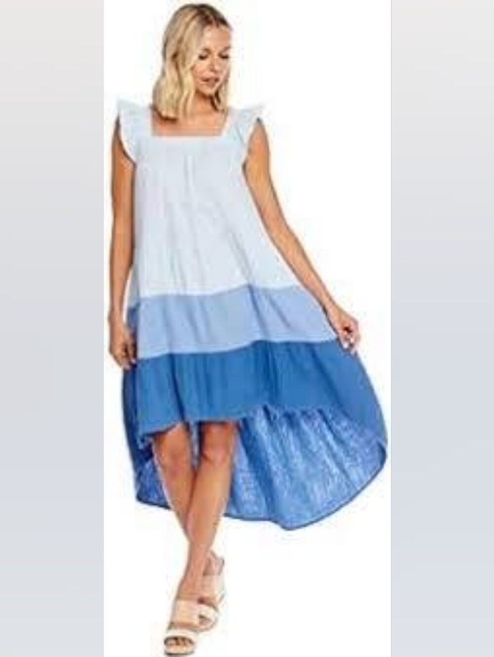 Mud Pie "Nile" Colorblock (Blue & White) Tiered High-Low Gauze Sundress Size L